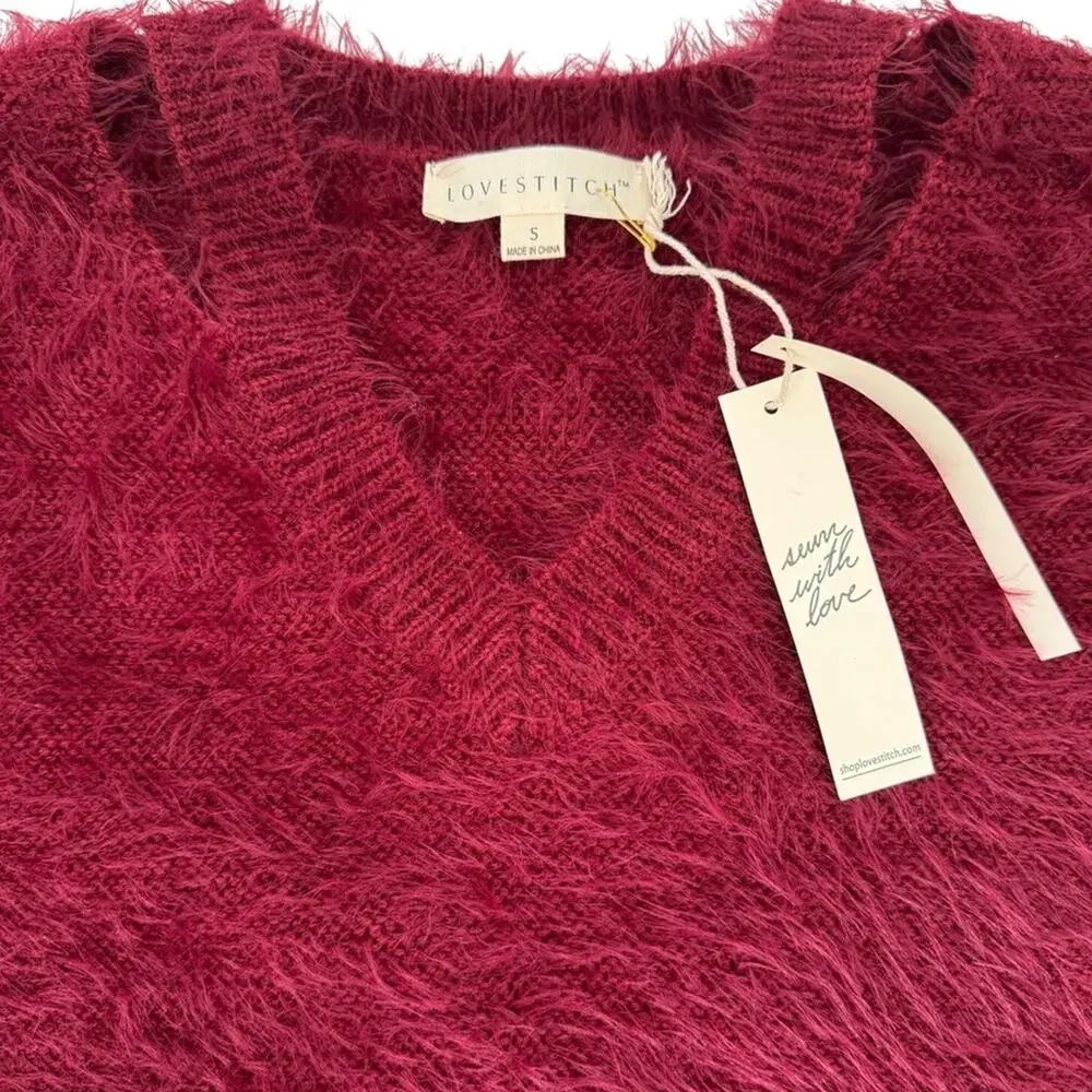 New Lovestitch V-Neck Soft Cozy Pinkish Red Sweater S Oversize Cut Out NWT